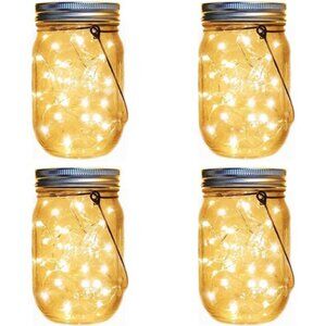 Solar Lantern Mason Jar Hanging Lights,4 Pack 30 Led Fairy Firefly Starry